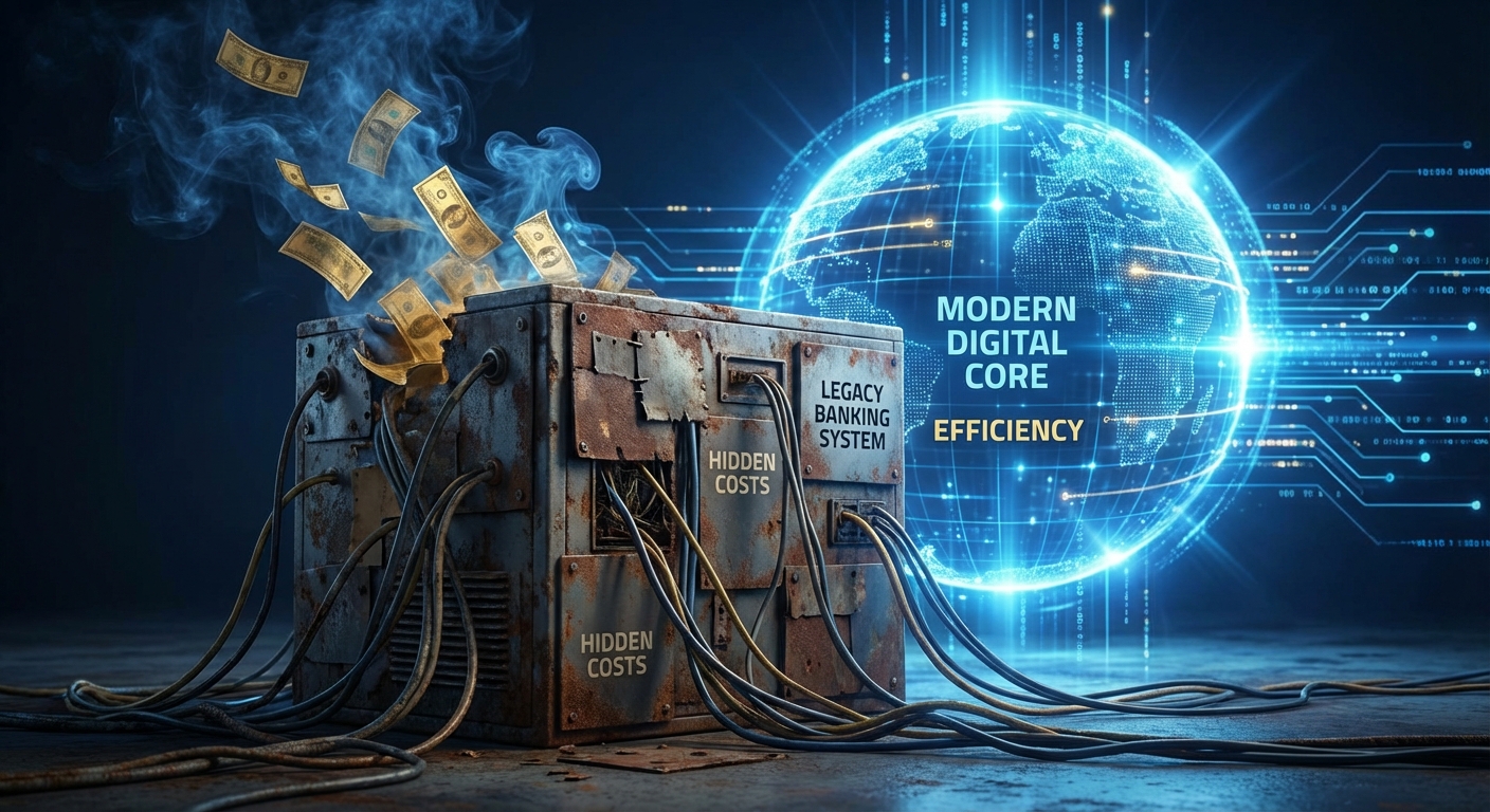 A digital representation of a legacy banking system with money flying out, symbolizing hidden costs and inefficiencies.