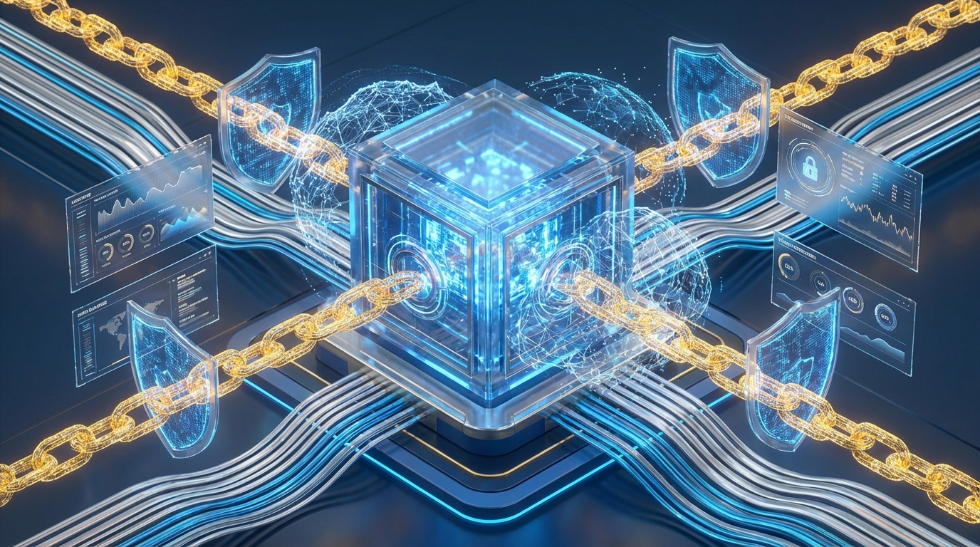 Digital representation of a blockchain network with a transparent cube and interconnected data streams.