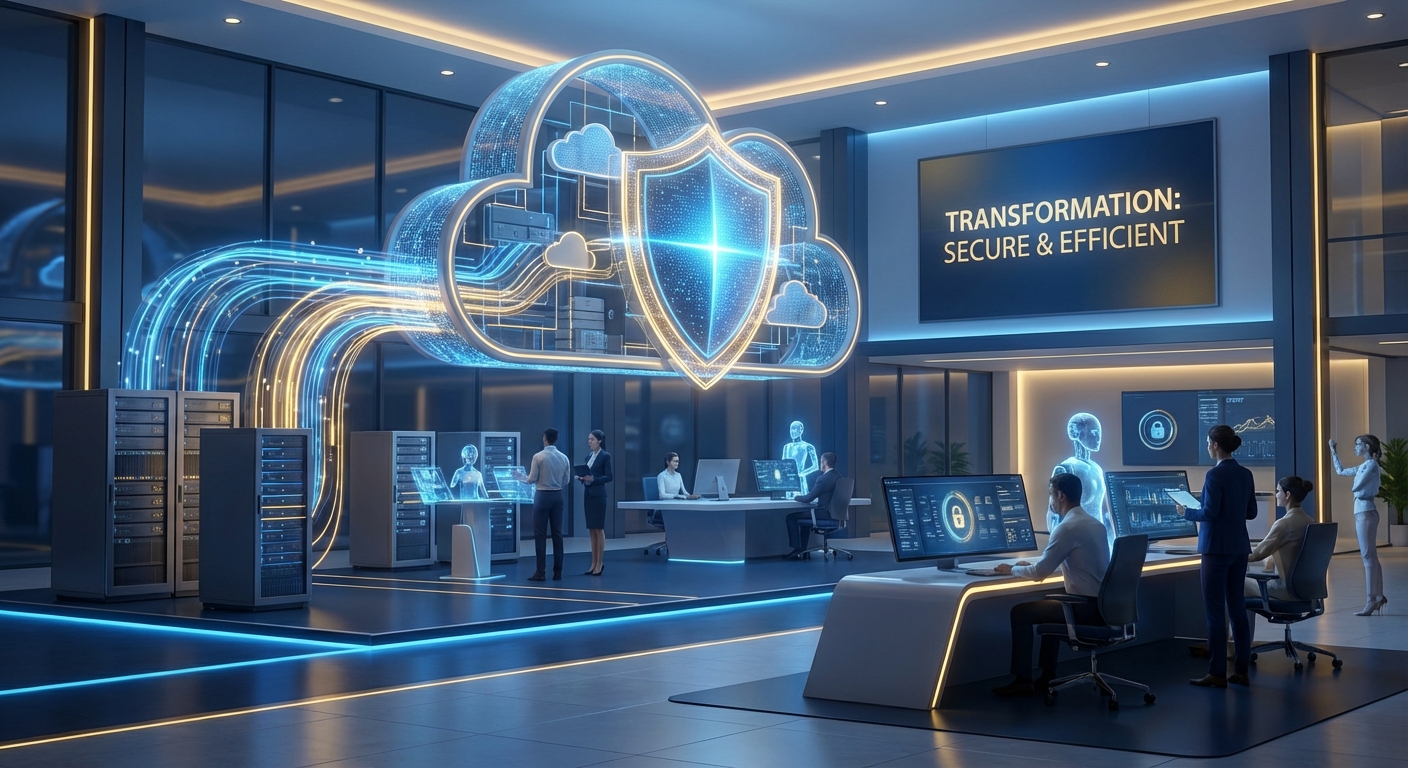 Modern office space featuring digital cloud technology and security graphics with people working at computers.