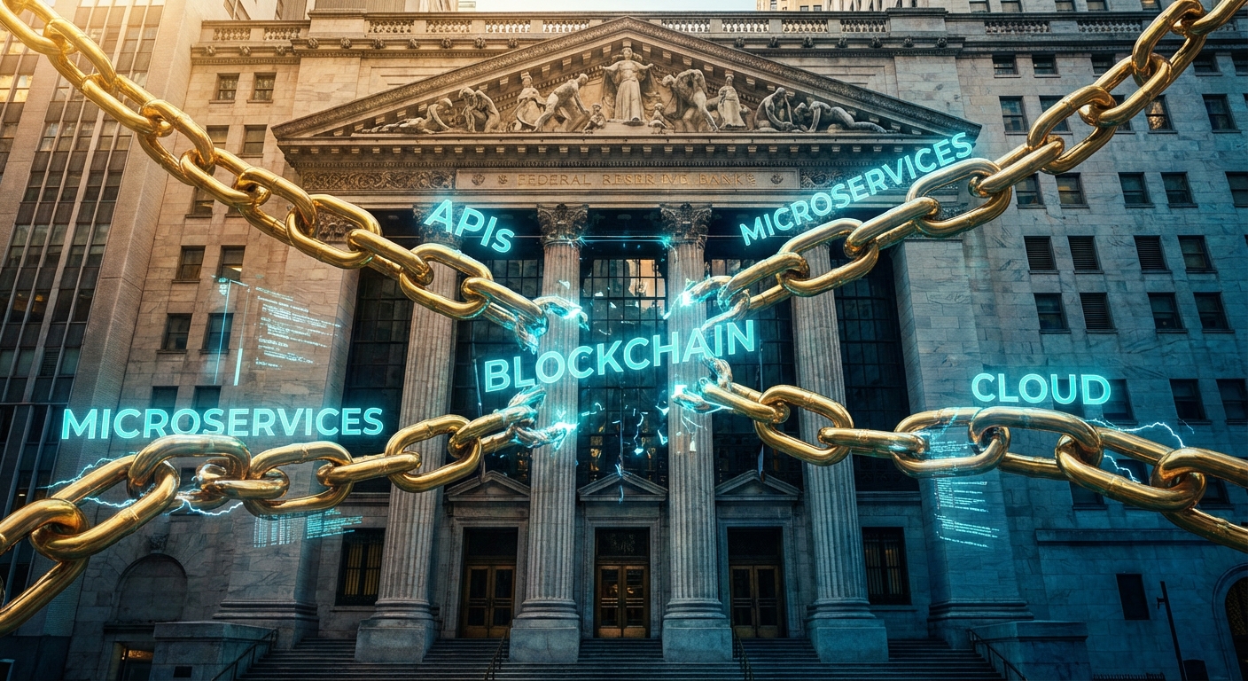 A visual representation of blockchain technology with gold chains and digital terms like APIs, microservices, and cloud in front of a historic building.