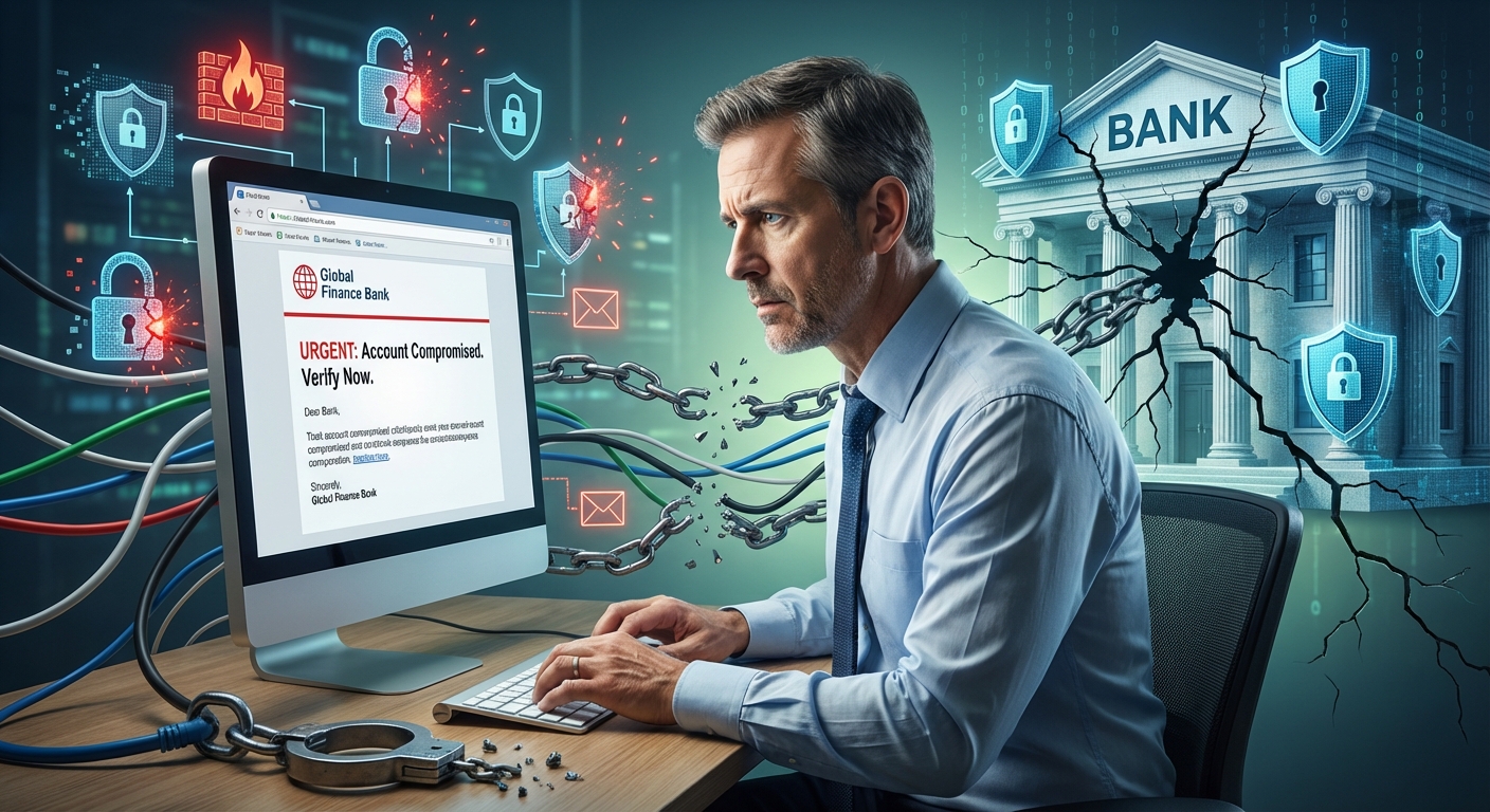Man in a business suit sitting at a desk, focused on a computer screen displaying a security alert from a bank.