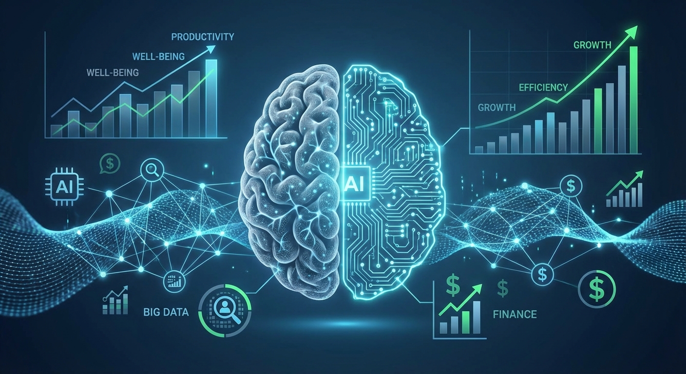 Digital illustration of a brain with AI circuitry and graphs representing productivity, finance, and growth metrics.