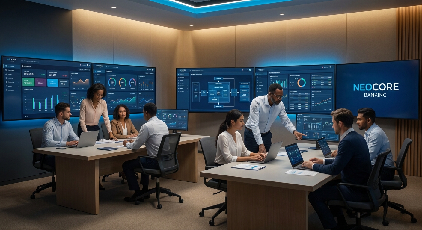 Group of professionals collaborating in a modern office environment with multiple screens displaying data analytics and banking information.