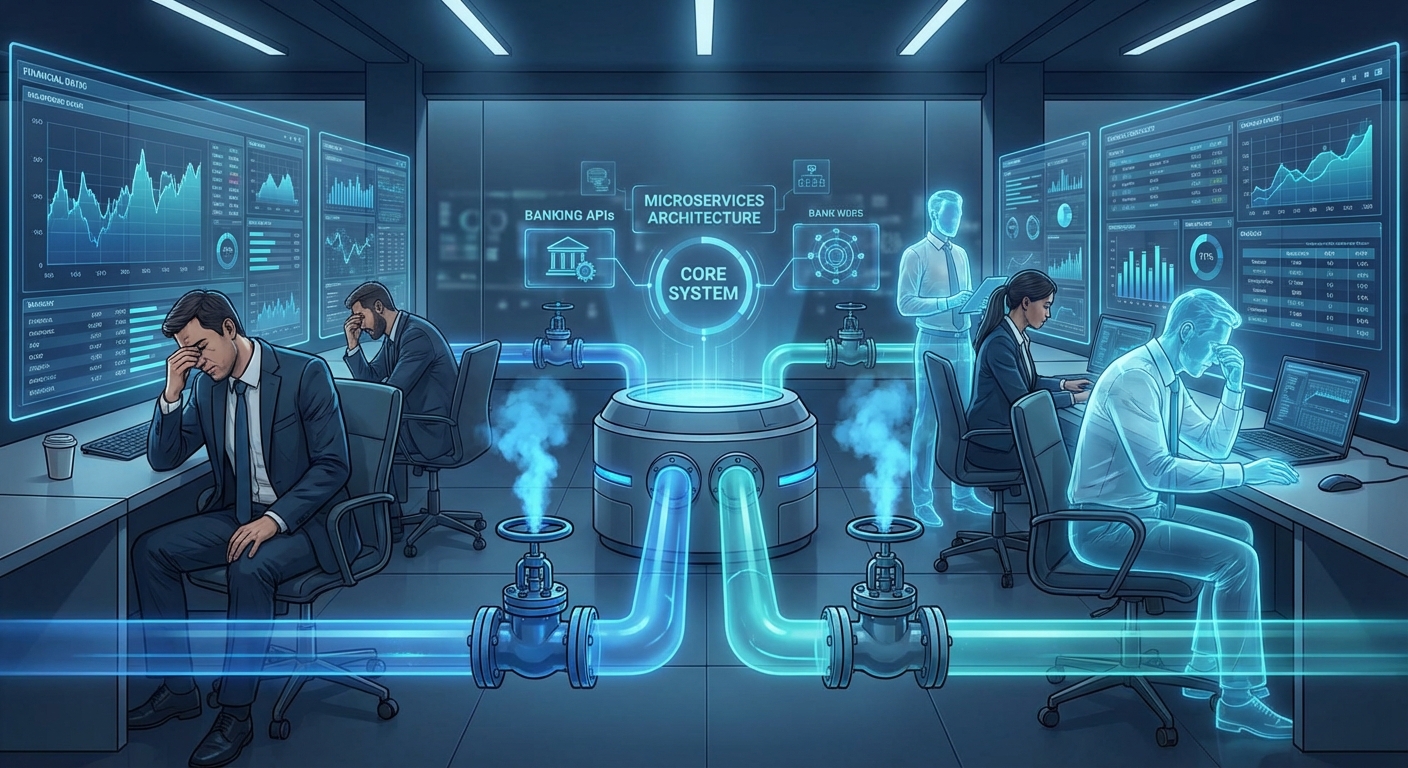 Illustration of a core system with microservices architecture and data analytics in a modern office environment.