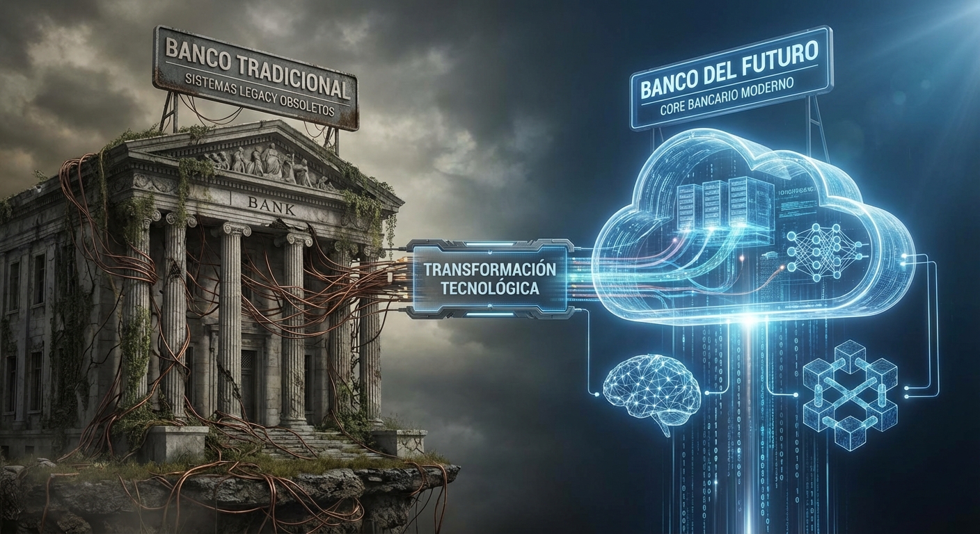 A visual representation contrasting a traditional bank building with modern digital banking technology and cloud computing.