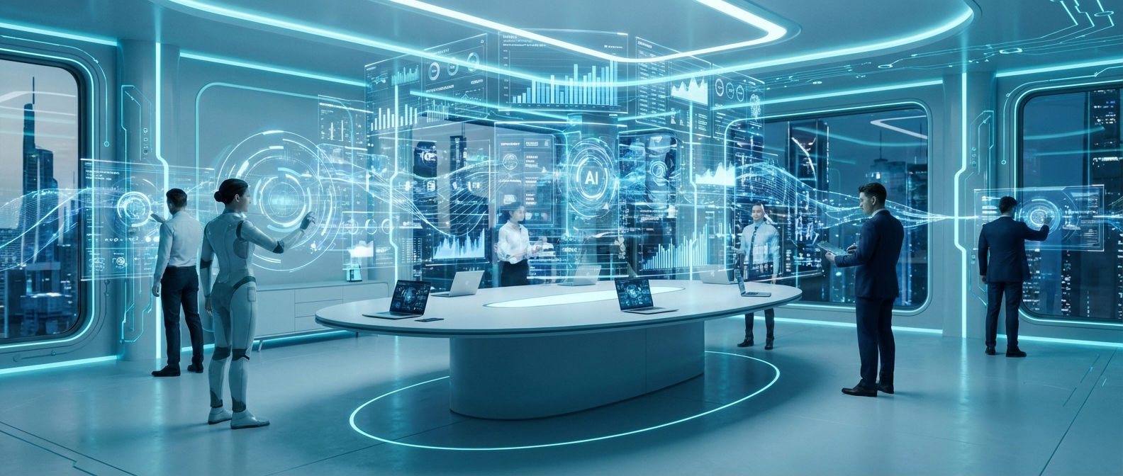 A futuristic office environment with holographic displays and digital data visualizations in blue tones.