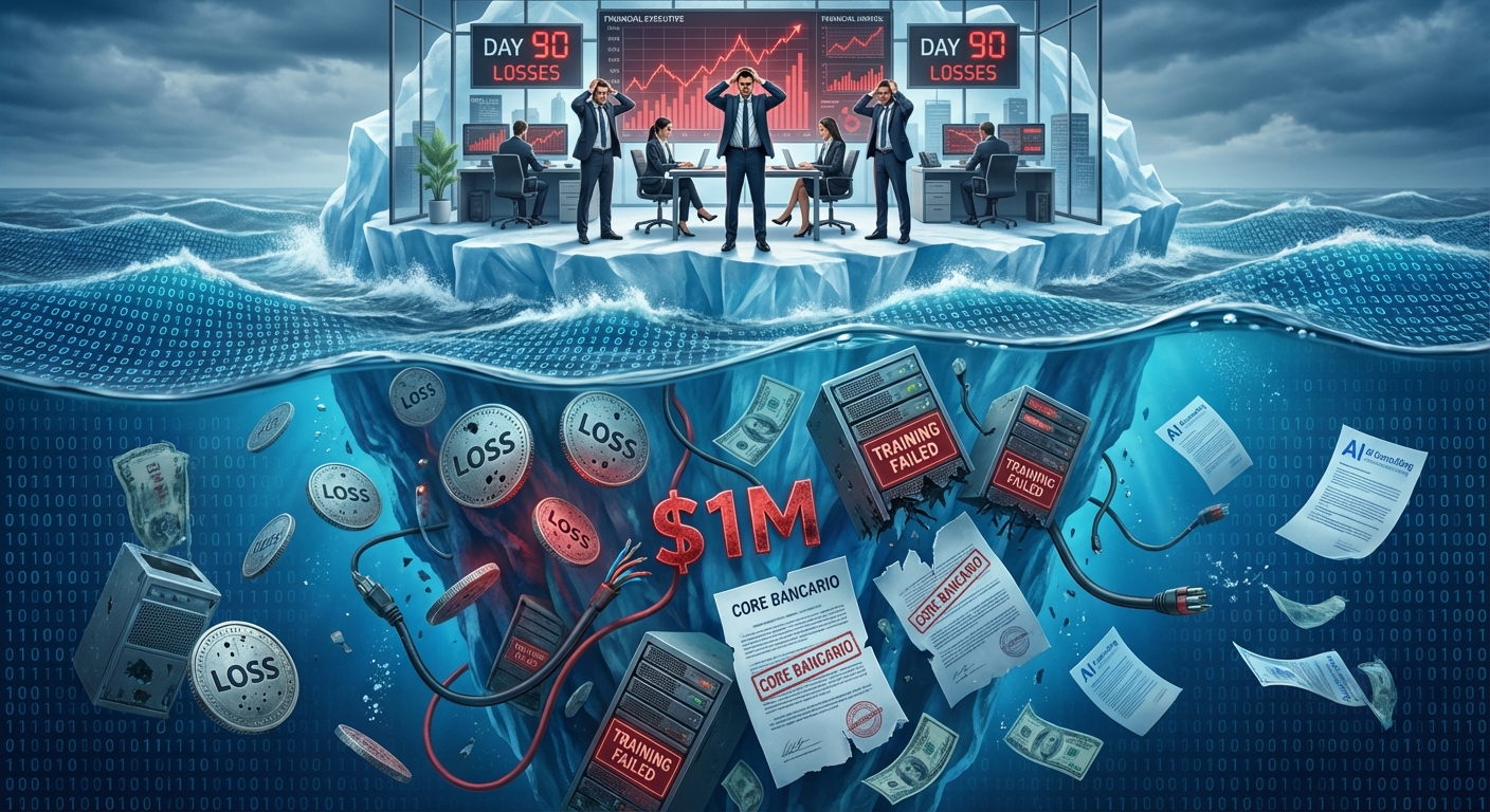 A digital illustration depicting financial losses with businessmen on an iceberg and documents submerged underwater.
