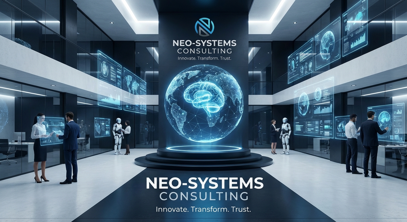Neo-Systems Consulting lobby with a glowing globe display, glass walls, and holographic data screens; professionals in business attire in a high-tech corporate setting.