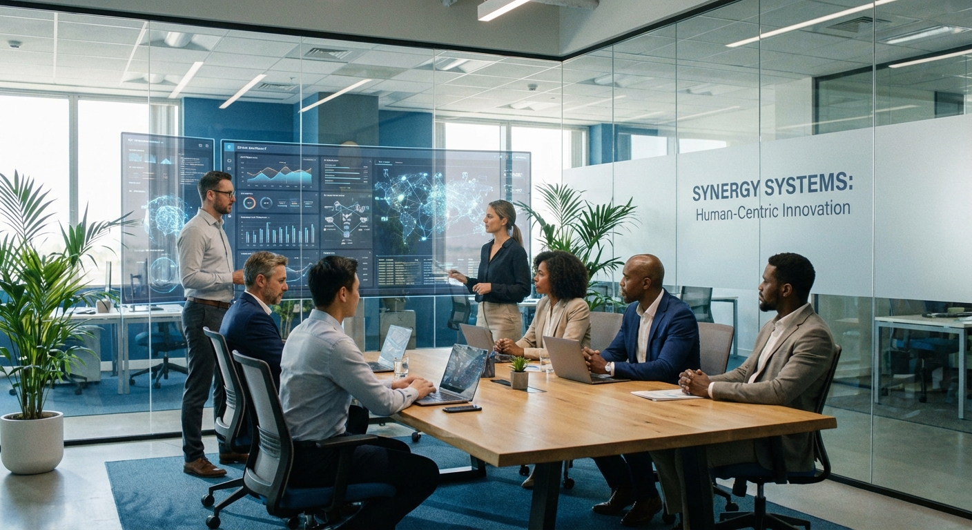 Professional office scene with a wooden conference table, team members working on laptops, a presenter beside large blue analytics screens, and glass walls in a modern workspace.