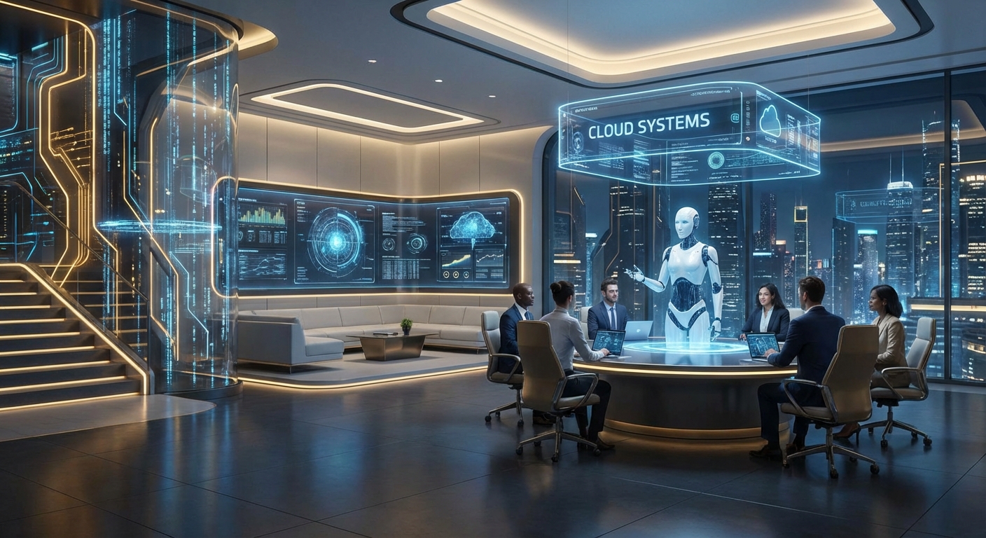 Futuristic office scene with holographic blue interfaces, a round illuminated conference table, a humanoid robot presenting to professionals around laptops.