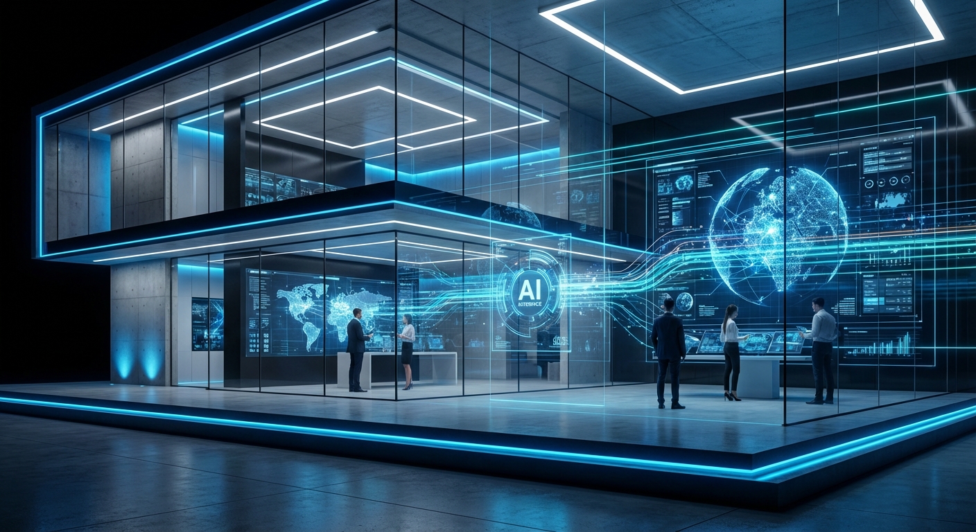 Futuristic glass-walled showroom with blue neon lighting, holographic data displays, and professionals discussing advanced AI technologies in a sleek, high-tech environment.