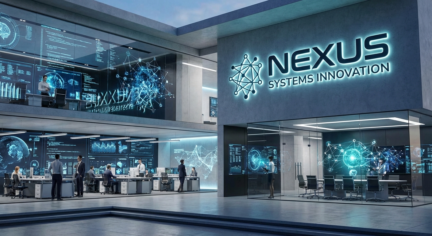 Futuristic command center with glass walls, holographic data dashboards, and a blue neon glowing NEXUS Systems Innovation sign on a sleek gray building facade.