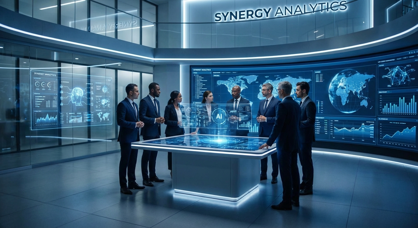 Business team in dark suits gathers around a high-tech touchscreen table in a blue-lit analytics room, with holographic displays and a world map on the wall.