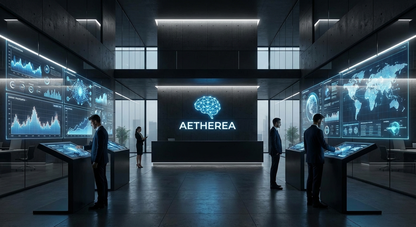 AETHEREA tech lobby with neon blue holographic brain, data dashboards, world map displays, concrete walls, and glass partitions