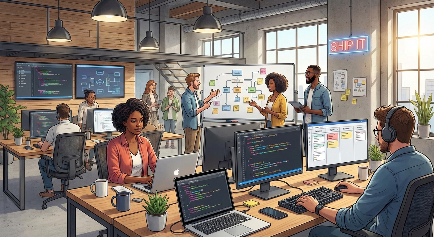 Team collaborating in a modern tech office with multiple monitors showing code, laptops on desks, warm lighting overhead, and a wall sign reading “SHIP IT”.