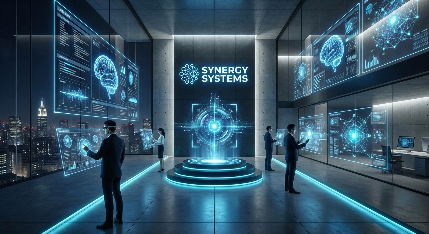 Blue, futuristic control room with holographic AI brain interfaces, glass walls, and a glowing Synergy Systems logo at the center, while professionals interact with data screens.