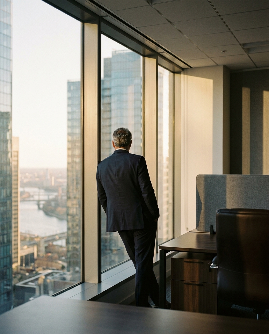 A suited executive stands by floor-to-ceiling windows in a sunlit office, overlooking a modern city skyline and river at sunset.