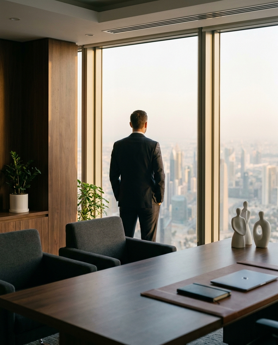 Business executive stands at a large office window overlooking a hazy skyline, with modern furniture, plants, and desk accessories in a wooden conference room.
