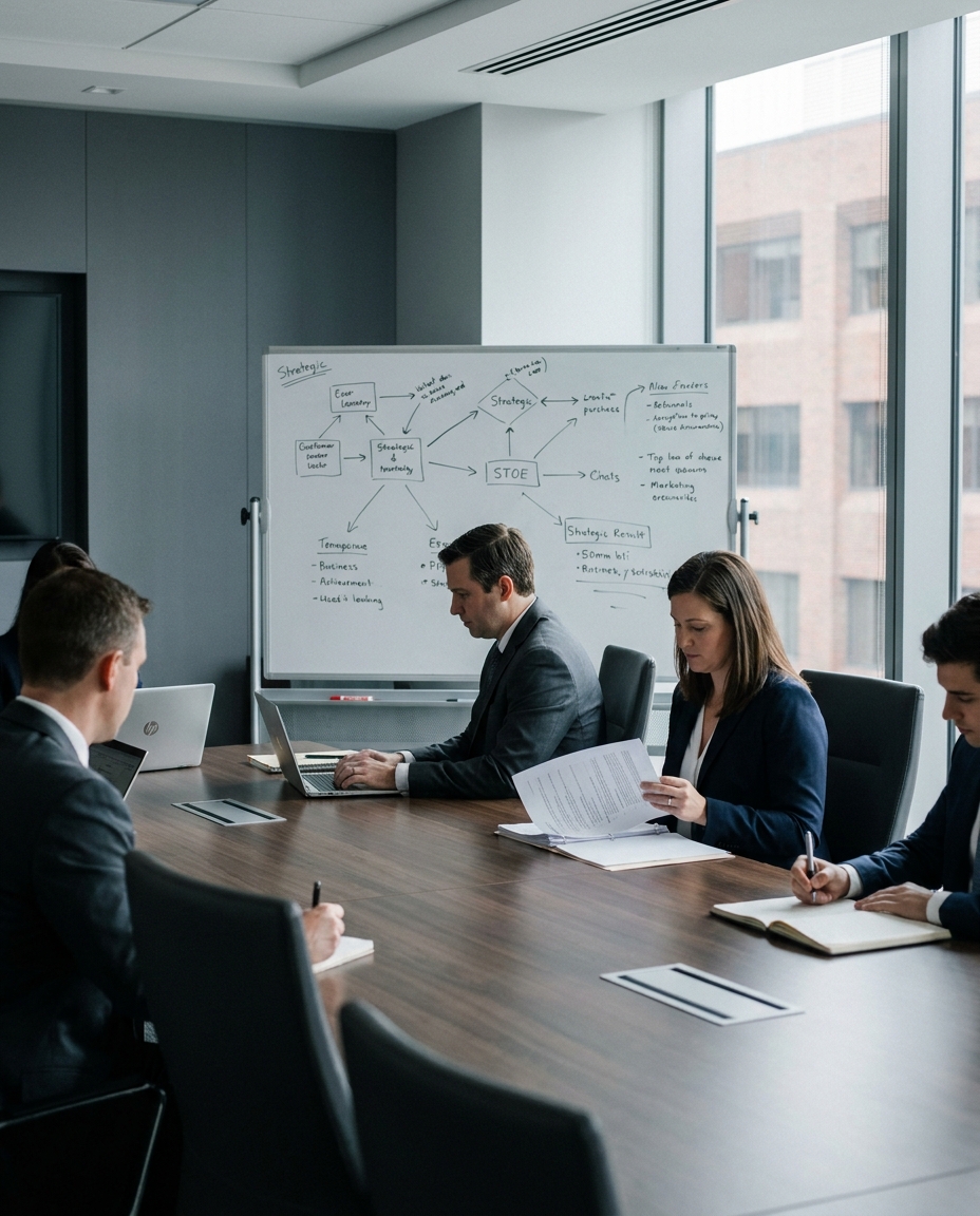 Professionals review notes and strategy in a modern glass-walled conference room with laptops, documents and a whiteboard covered in diagrams.