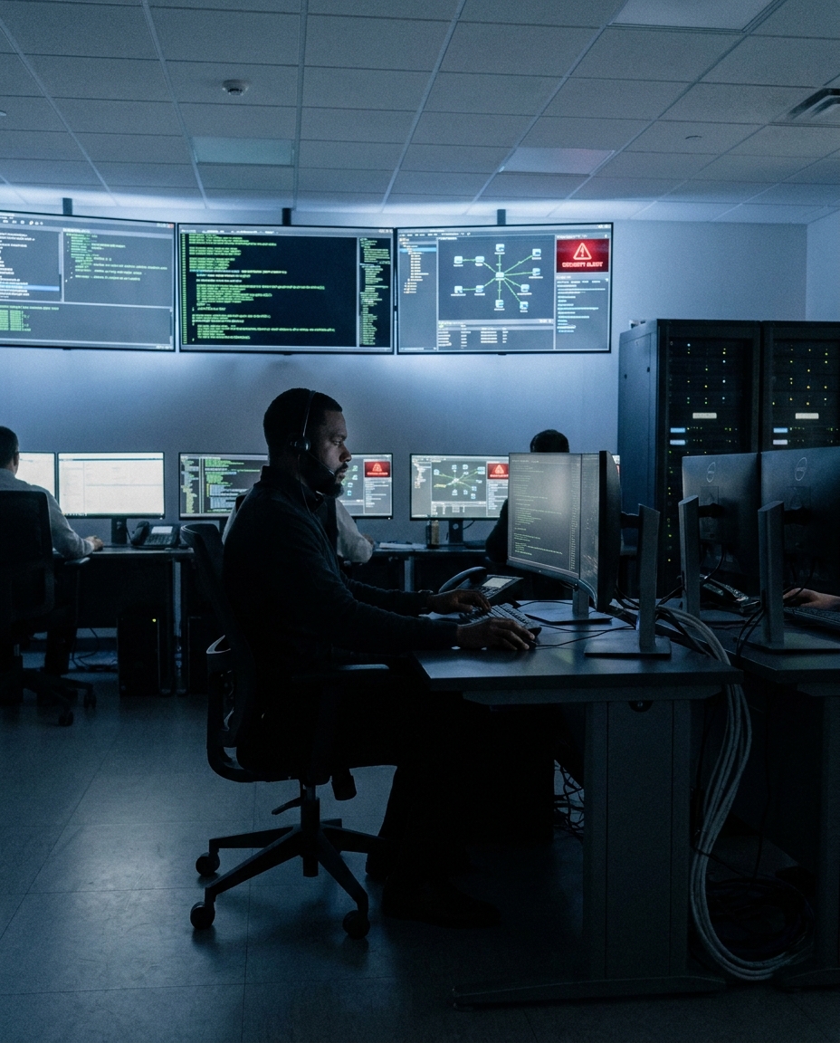 Cybersecurity operations center with analysts monitoring multiple dashboards, code terminals, and network alerts across large wall screens.