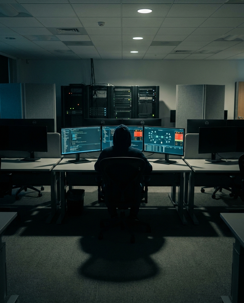 A hooded figure sits at a workstation in a dark server room, facing multiple monitors with code, network graphs, and glowing status lights.