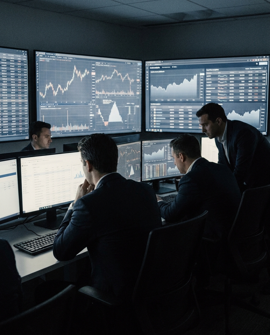 Professionals in suits review trading dashboards with blue market charts across multiple monitors in a dark control room office