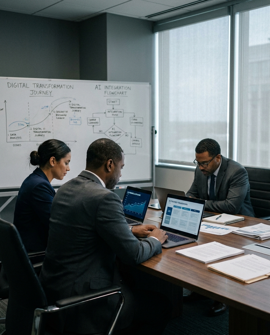 In a modern office meeting, a team reviews laptop dashboards while a whiteboard shows “Digital Transformation Journey” and an “AI Integration Flowchart”.