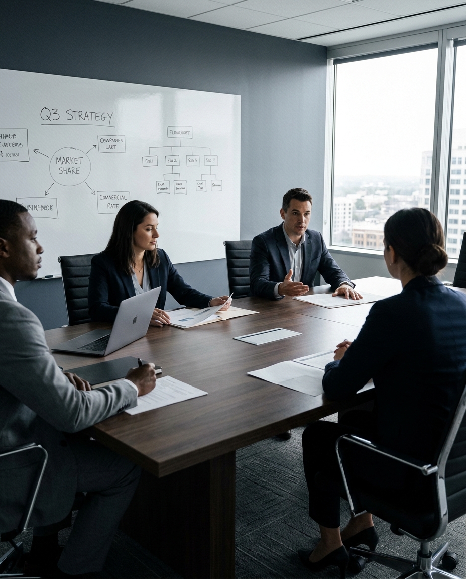 Team meeting around a conference table with a whiteboard marked “Q3 STRATEGY”, where professionals in dark suits review plans and documents.