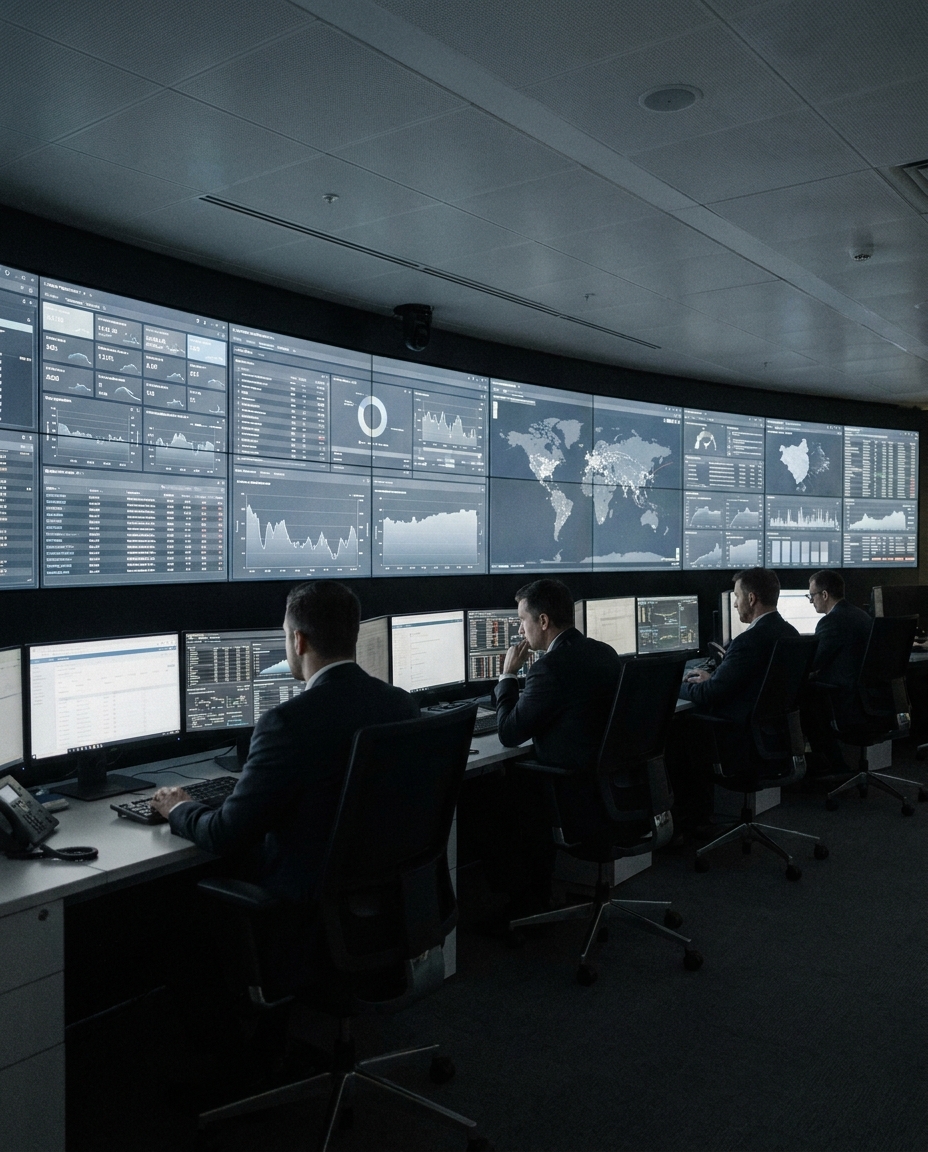 OM TECHNOLOGY GROUP analysts review global data on multi-monitor dashboards with charts, maps, and line graphs in a modern control room.