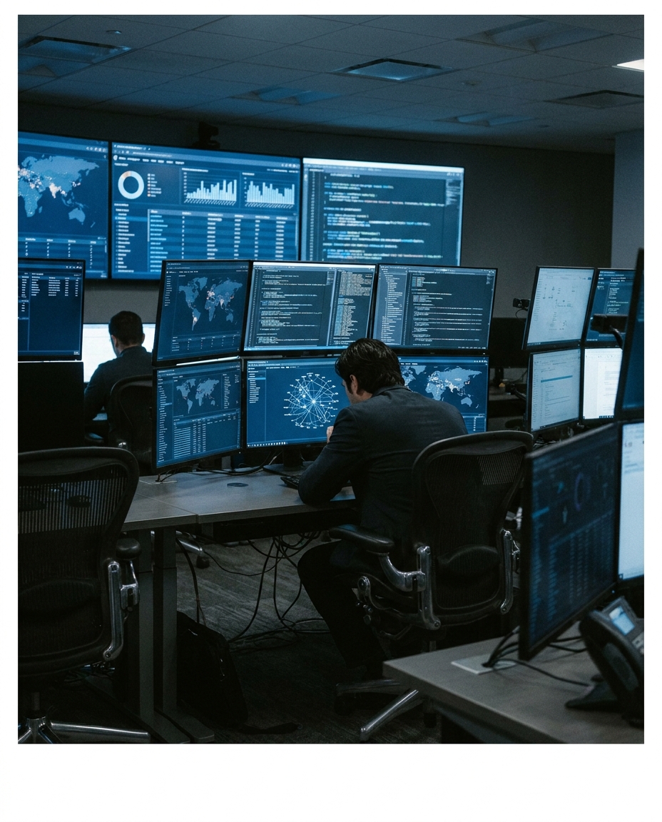 Several analysts work in a dark network operations room, surrounded by wall and desktop monitors showing world maps, code, charts, and system data.