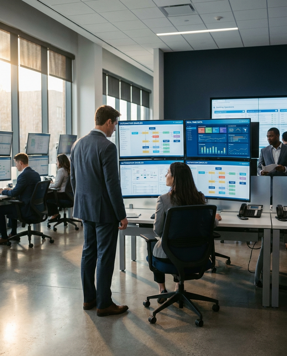 Staff in a modern operations center review automation and real-time data on large monitors while colleagues work together at adjacent desks.