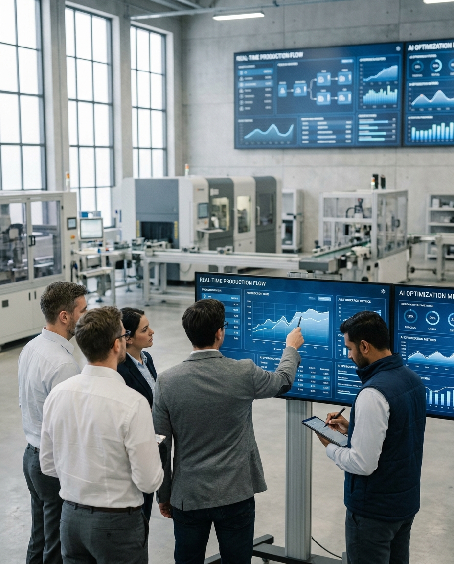 A team of engineers and managers reviews real-time production charts on blue digital dashboards inside a modern factory floor while one member takes notes.
