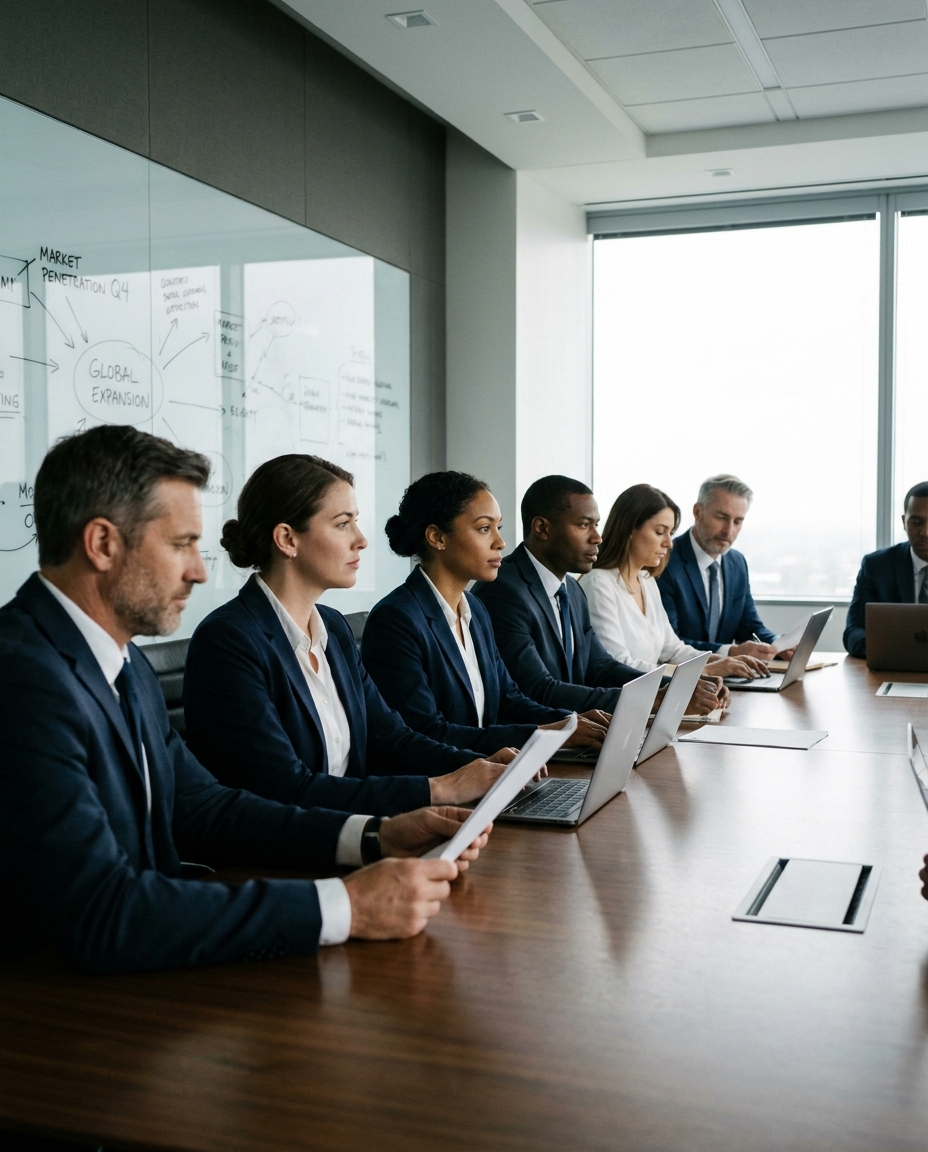 A diverse team of executives in navy suits reviews documents and laptops during a boardroom meeting beside a glass wall with market notes.