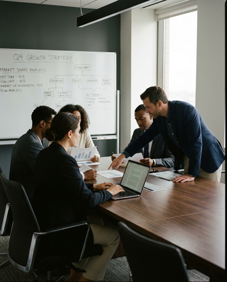 A team in business attire reviews Q4 growth strategy as a man leans over a conference table and points to a laptop beside a whiteboard plan.
