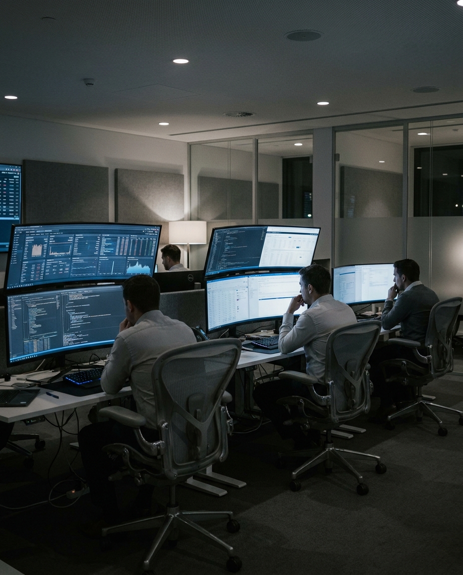 Four men work at a network operations desk with multiple curved monitors showing code, dashboards, and data in a dim modern office behind glass walls.