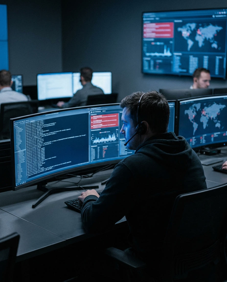 A cybersecurity analyst wears a headset while monitoring code and threat dashboards across curved screens in a dim operations room with world maps.