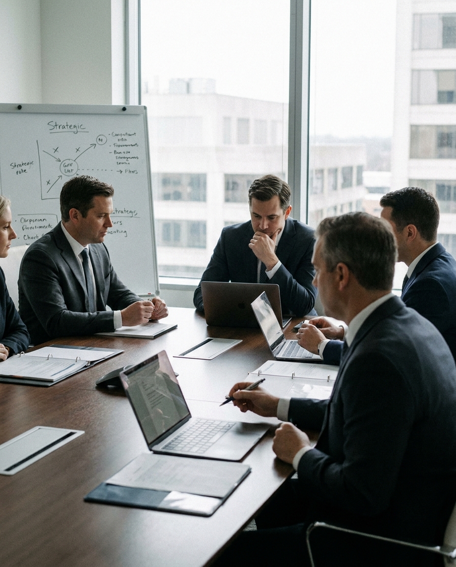 Several executives in dark suits discuss strategy around a conference table with laptops, notebooks, and a whiteboard in a bright office with city views.
