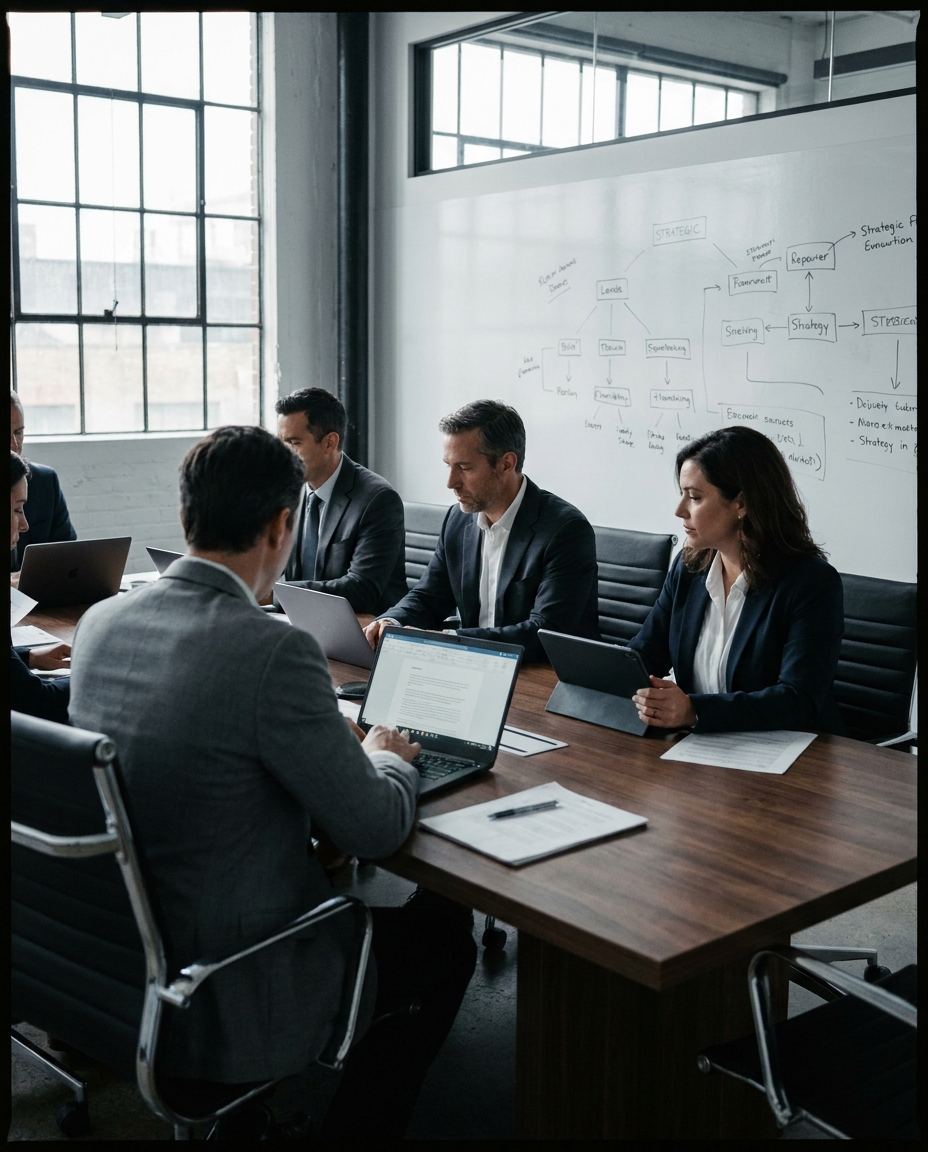 Business professionals meet around a conference table with laptops, while strategy notes fill the whiteboard.