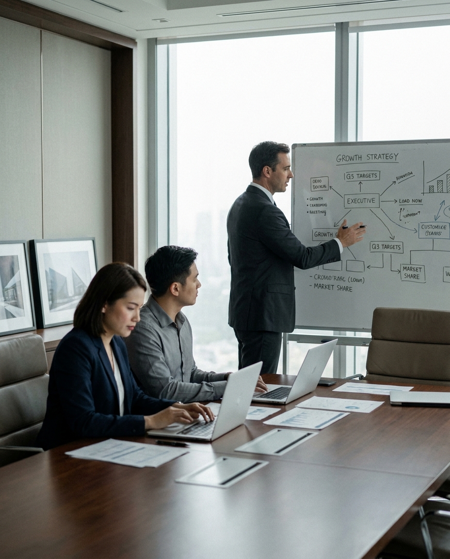 Three office professionals meet in a glass-walled conference room while a man presents a growth strategy on a whiteboard.